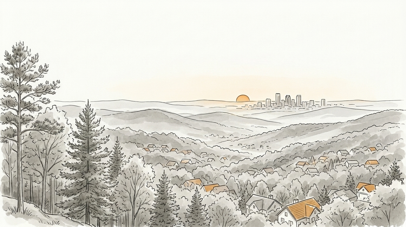 Illustration of the Birmingham metro skyline seen from a wooded ridge at sunrise