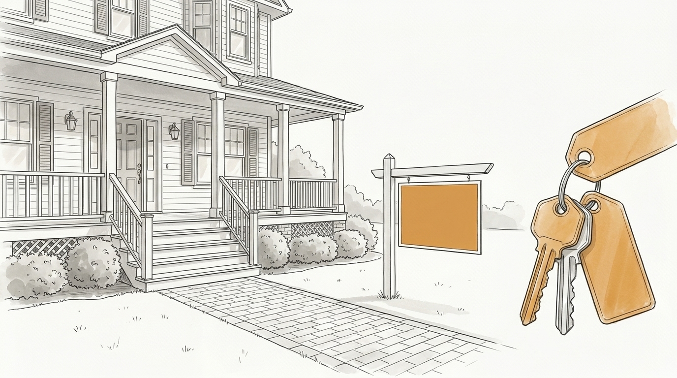 Illustration of a home for sale with yard sign and house keys