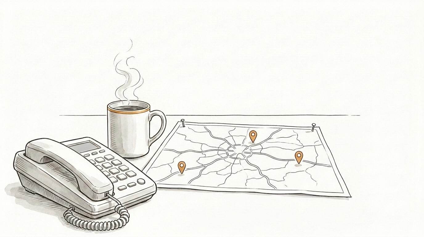 Illustration of a telephone and metro map with location pins