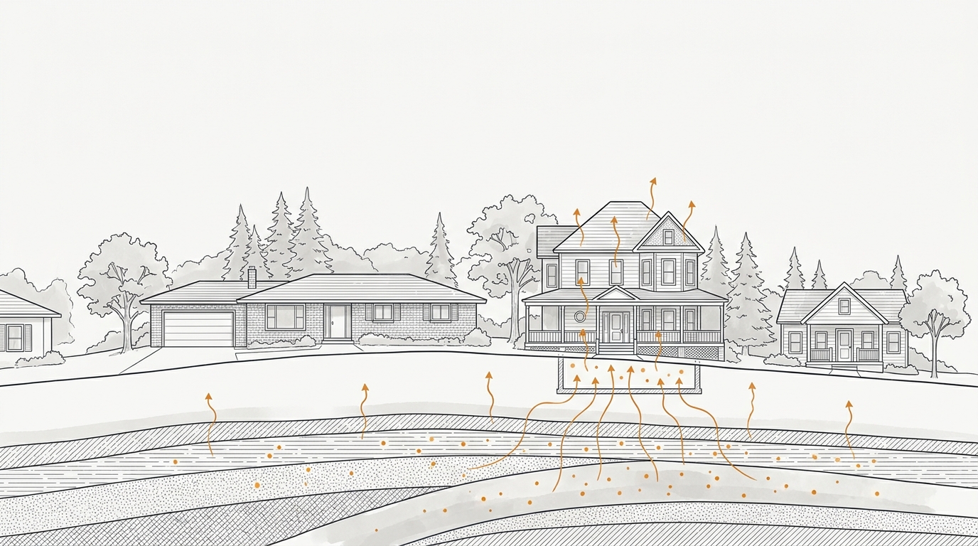 Illustration of Birmingham-area homes on a wooded ridge with radon gas rising from rock strata beneath one foundation