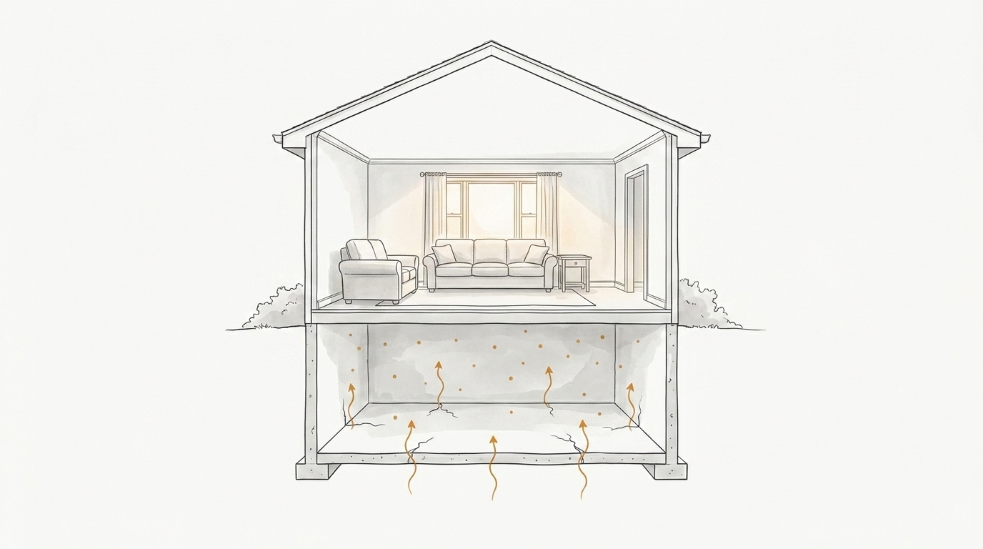 Cutaway illustration of a home showing radon entering through basement slab cracks